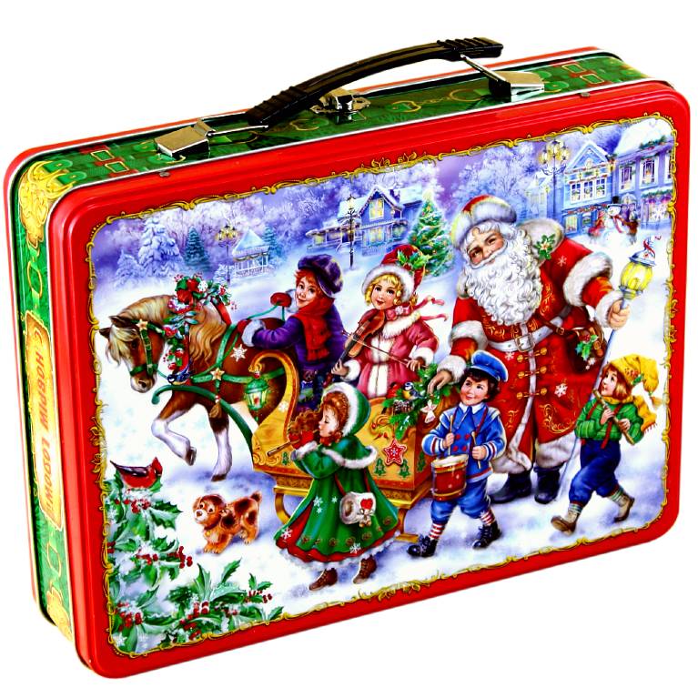 Детский новогодний подарок в жестяной упаковке весом 1500 грамм